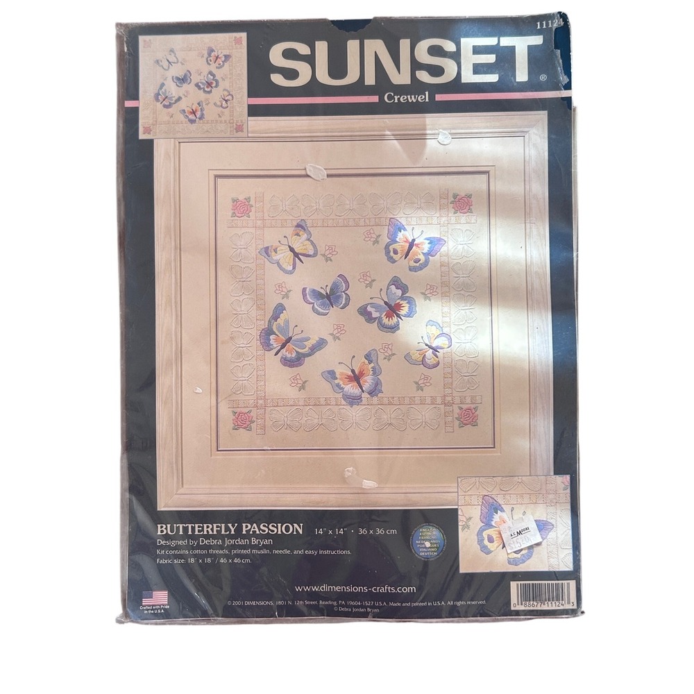 Vintage Sunset Crewel Kit Cotton 14x14 NIB Cottagecore Butterfly Passion Cottage